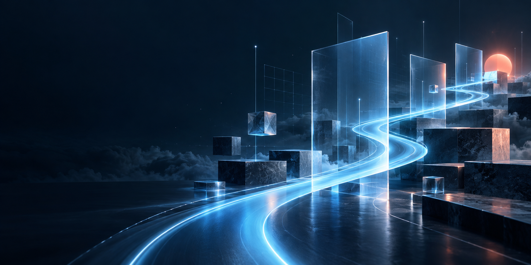 A luminous blue pathway through a digital landscape